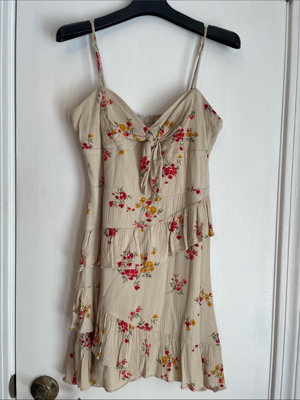 B Darlin Beige Floral Tie-Front Mini Dress with Tiered Ruffles 7/8